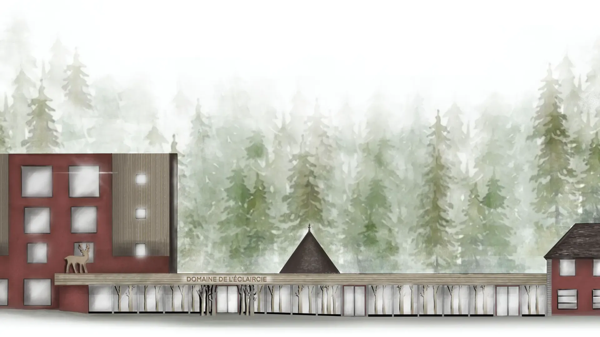 Un bâtiment rouge avec des fenêtres et une sculpture de cerf, situé dans une forêt de conifères avec un panneau indiquant "Domaine de l'Éclaircie"