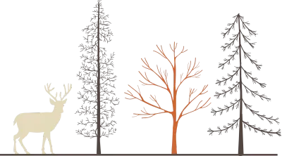 Un cerf, trois arbres aux branches différentes et un tronc nu sur fond blanc