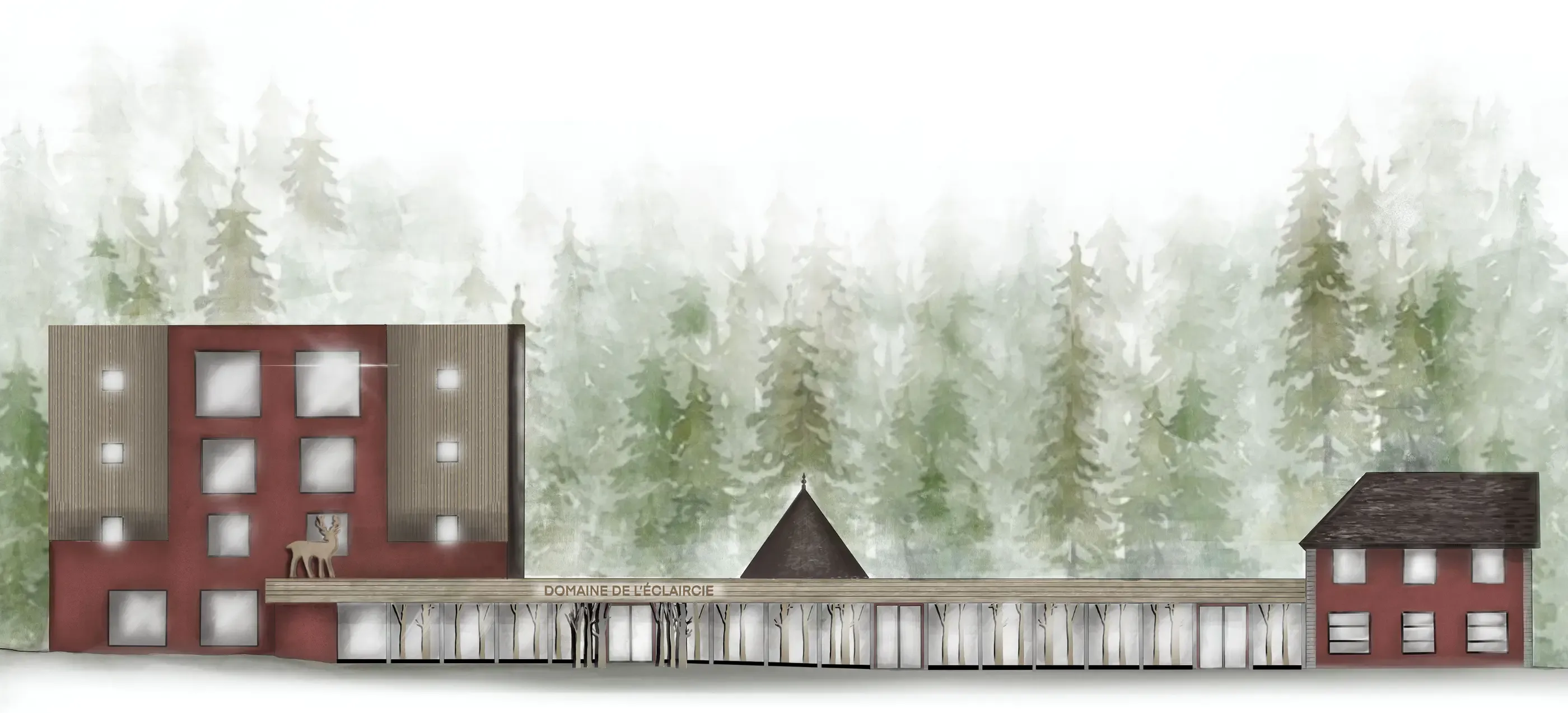 Un bâtiment rouge avec des fenêtres et une sculpture de cerf, situé dans une forêt de conifères avec un panneau indiquant "Domaine de l'Éclaircie"